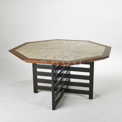 Appraisal: HARVEY PROBBER Dining table USA s Travertine walnut and ebonized