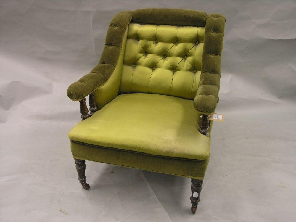 Appraisal: A pair of Victorian beech framed salon armchairs presently upholstered