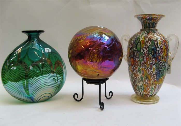 Appraisal: THREE CONTEMPORARY ART GLASS PIECES a millefiori vase urn form