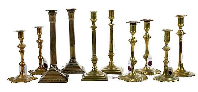 Appraisal: Ten th Century Brass Candlesticks Some Signed British th century