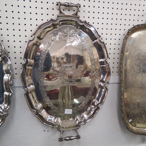 Appraisal: English Silverplate Tray Chippendale style border fine engraving oval x