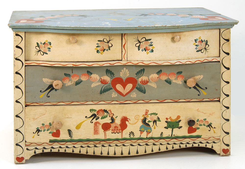 Appraisal: PAINTED FOUR-DRAWER SWELL-FRONT CHEST Late th Early th CenturyDecorated by