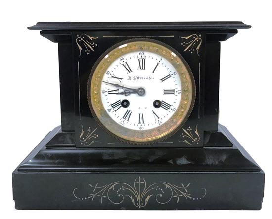 Appraisal: CLOCK Japy Freres French black mantel clock projecting base eight