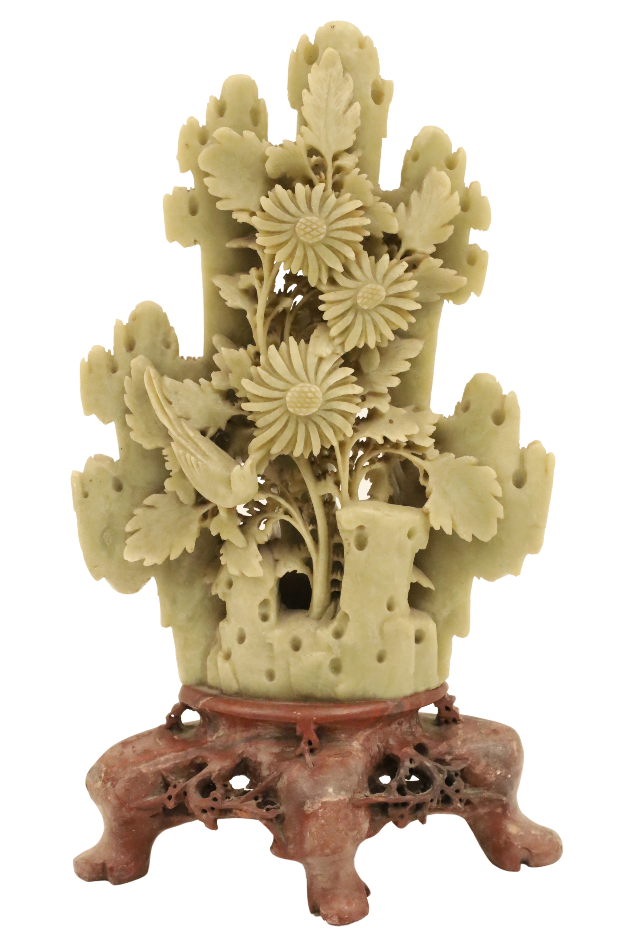 Appraisal: ORIENTAL SOAPSTONE CARVING Oriental soapstone carving having bird with flowering