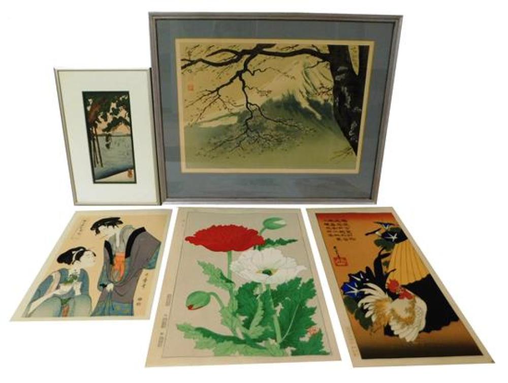 Appraisal: ASIAN Two framed Japanese woodblock landscapes and three loose woodblocks