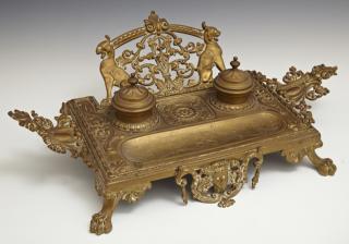 Appraisal: Gilt Bronze Renaissance Style Inkwell Pen Tray la Gilt Bronze