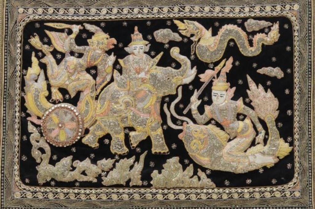 Appraisal: Framed Burmese Kalaga embroidered tapestry th c worked in metallic