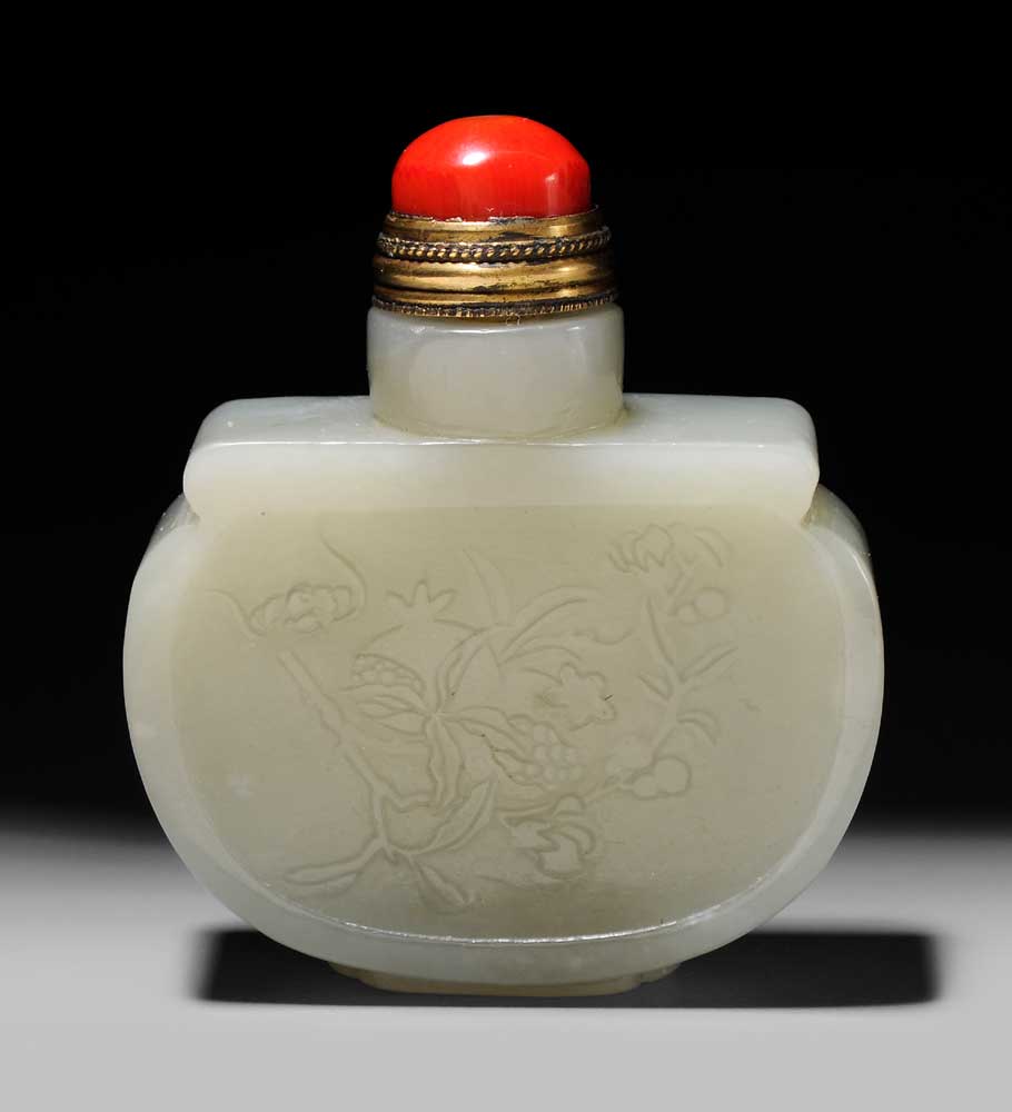 Appraisal: Celadon Jade Snuff Bottle Chinese Qing Dynasty even-toned celadon flattened