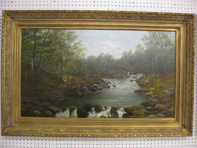 Appraisal: R Allan Oil landscape with rocky stream on canvas image