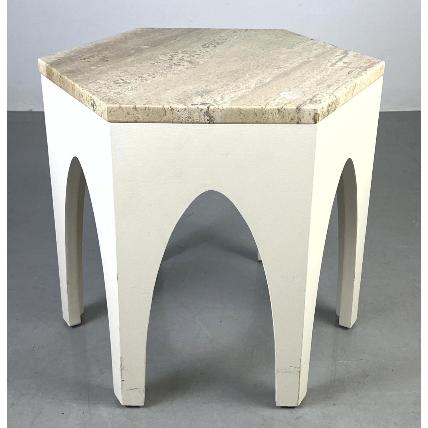 Appraisal: HARVEY PROBBER Modern Travertine Side Table Hexagonal table has painted