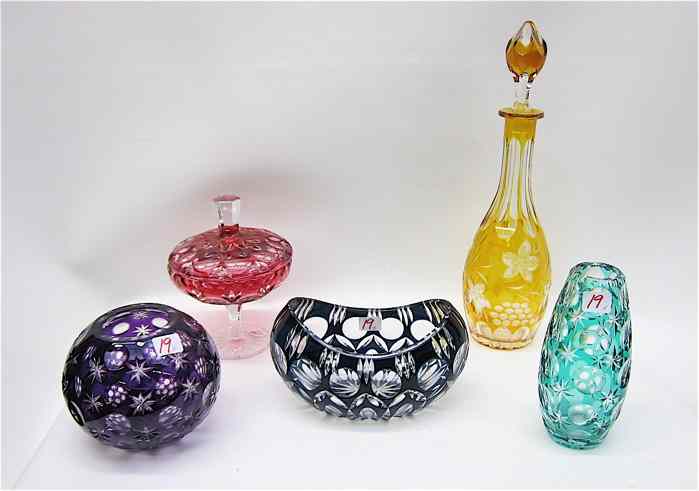 Appraisal: FIVE PIECES BOHEMIAN CUT GLASS HOLLOWWARE includes flashed yellow cut