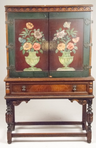 Appraisal: Berkey Gay Pennsylvania Style Cabinet on Stand Painted floral cabinet