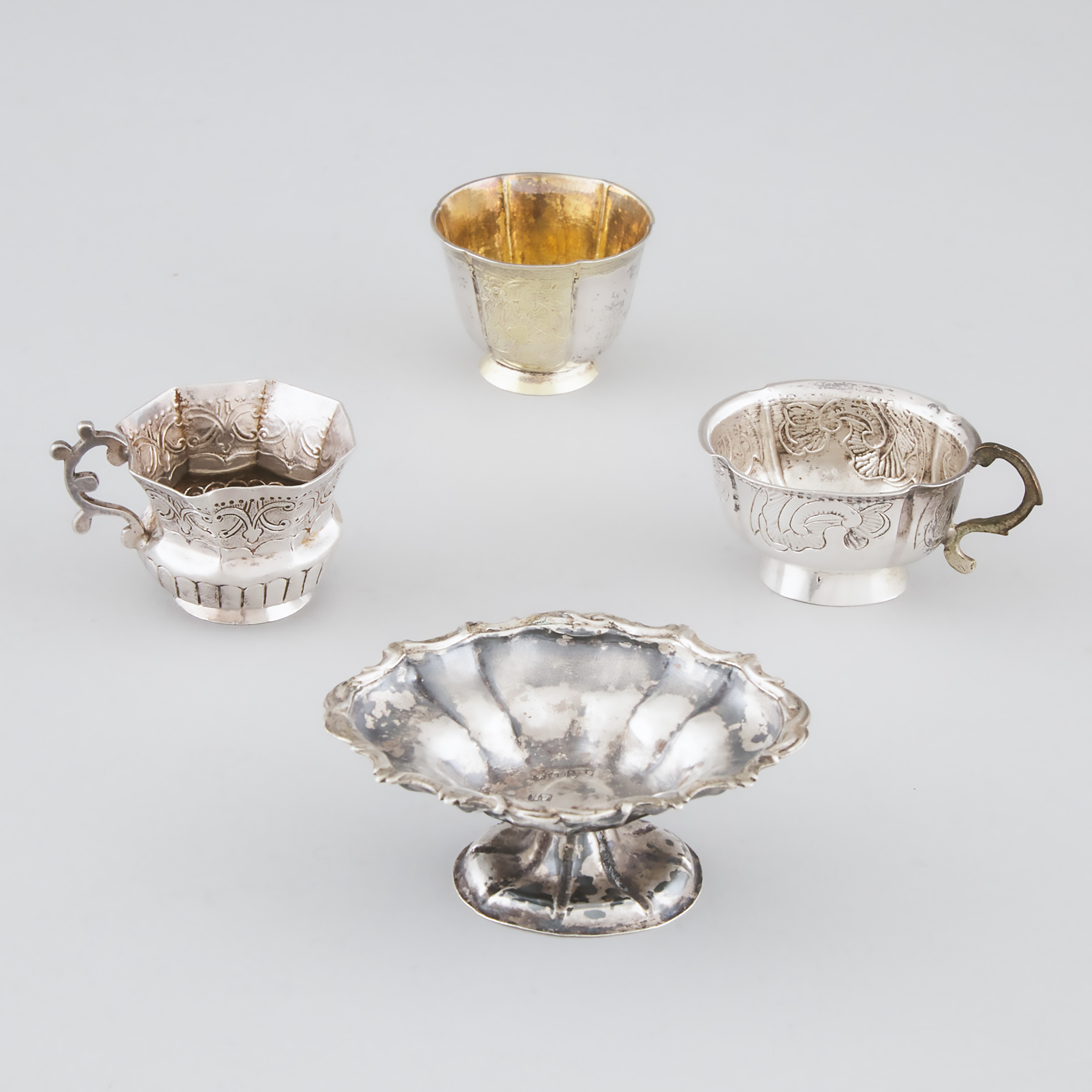 Appraisal: Three Russian Silver Charkas and a Salt Cellar th th