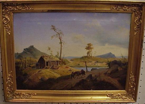 Appraisal: Mid th C rustic landscape with log cabin in ornate