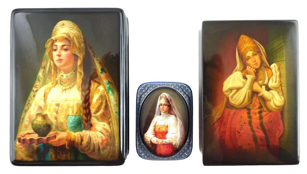 Appraisal: Russian hand-painted lacquer boxes group of three all of Russian