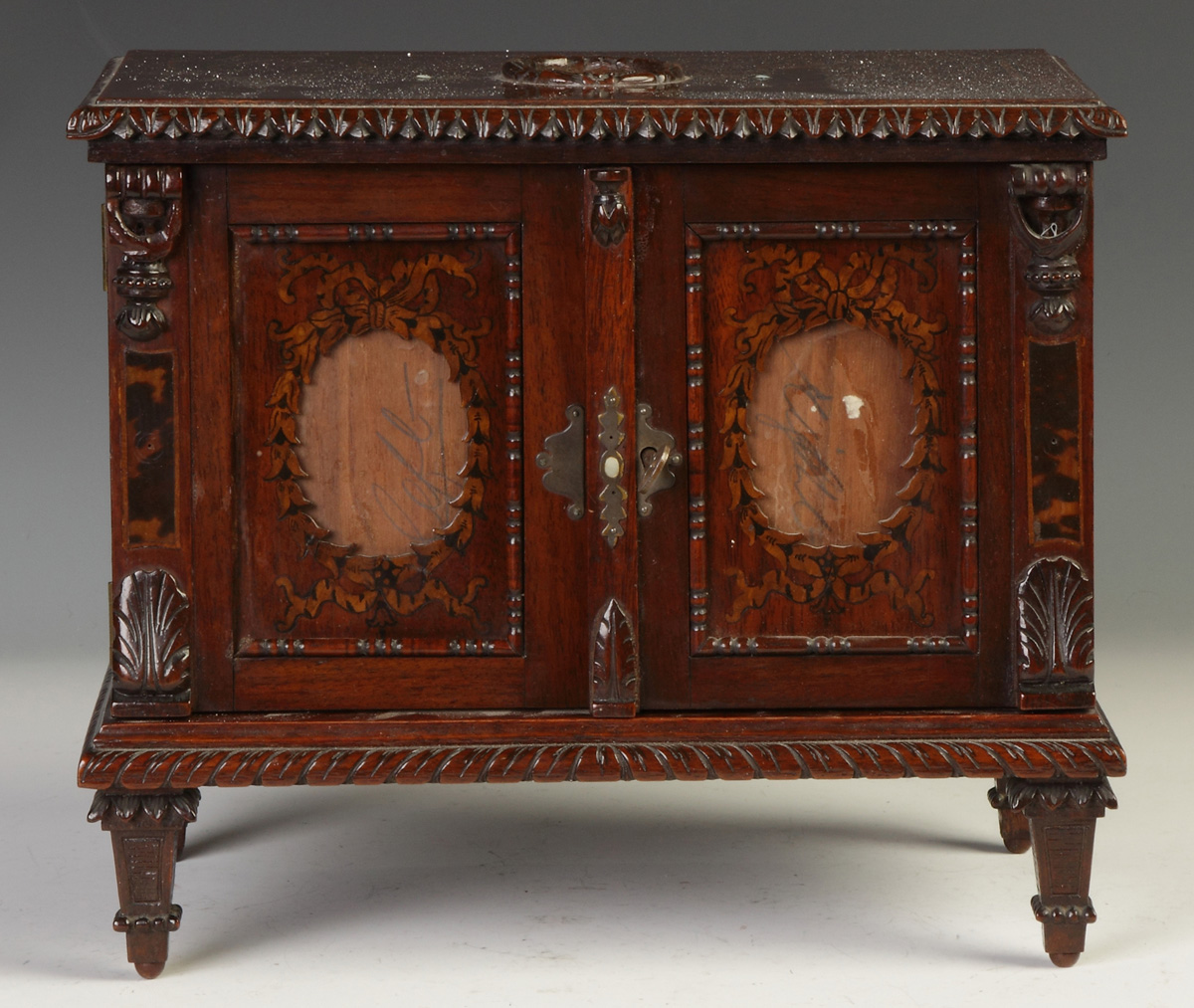 Appraisal: Carved Inlaid Painted Rosewood Jewelry Casket th cent