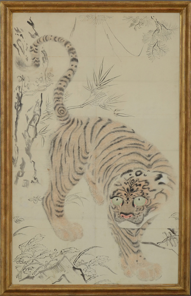 Appraisal: KOREAN SCHOOL TIGER ON THE PROWL Watercolor on segmented paper