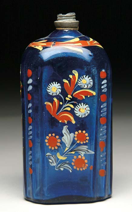 Appraisal: STIEGEL-TYPE BOTTLE Cobalt blue half-post bottle with polychrome enamel floral