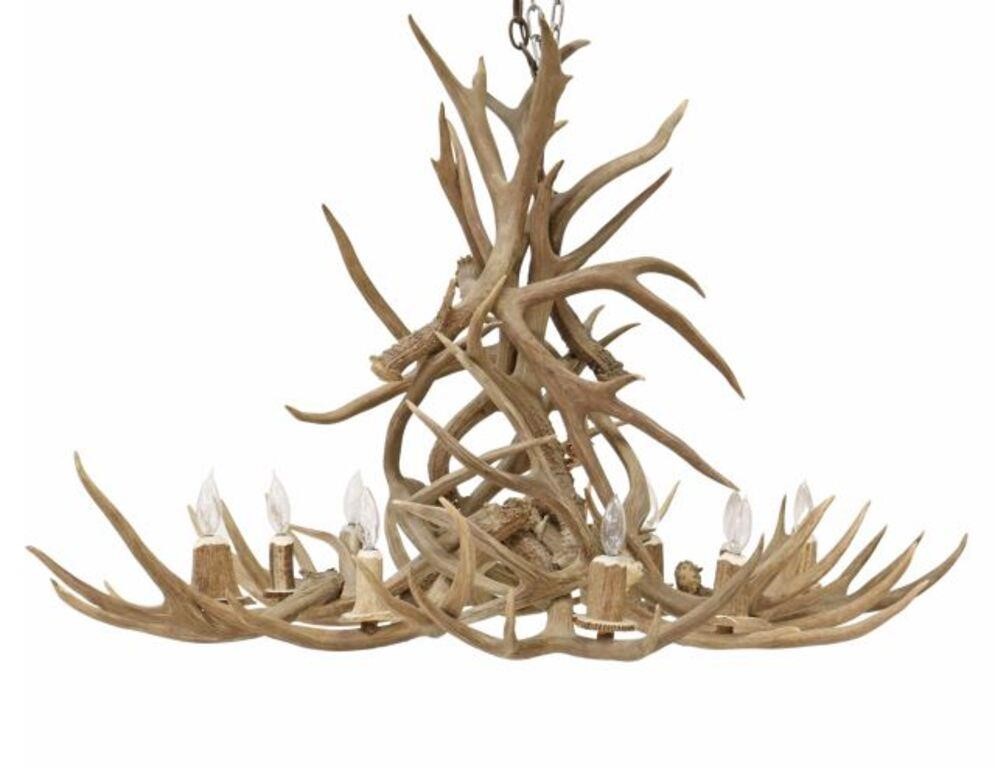 Appraisal: Custom mule deer antler ten-light chandelier wired approx h w