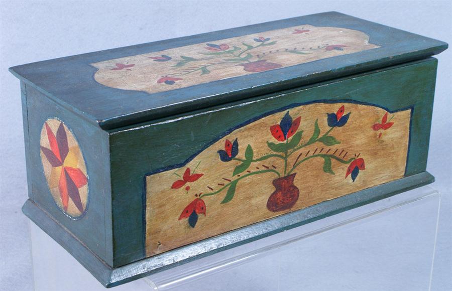 Appraisal: Miniature walnut dresser box tulip vase and pinwheel painted decoration