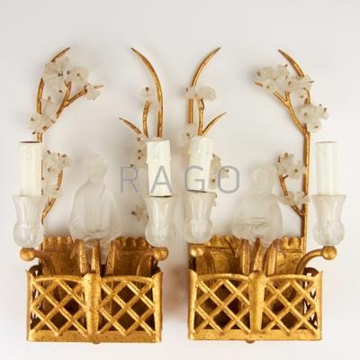 Appraisal: ITALIAN Pair of gilded sconces with frosted glass flowers th