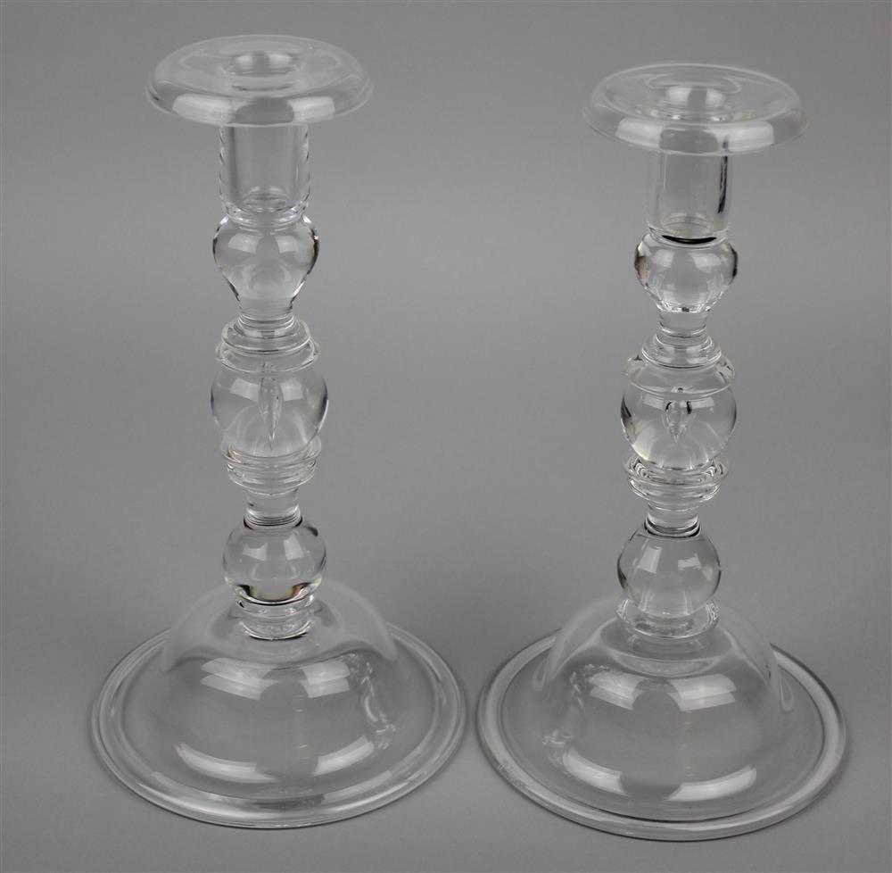 Appraisal: PAIR OF STEUBEN CRYSTAL BALUSTER TEARDROP CANDLESTICKS both engraved Steuben