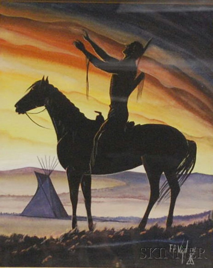 Appraisal: Framed Print of a Indian Warrior on Horseback at Sunset