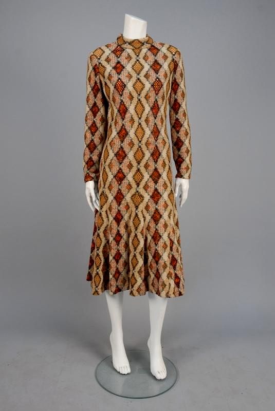 Appraisal: CHRISTIAN DIOR WOOL DAY DRESS s Polychrome novelty weave argyle