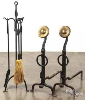 Appraisal: Pair of wrought iron andirons h togethe Pair of wrought