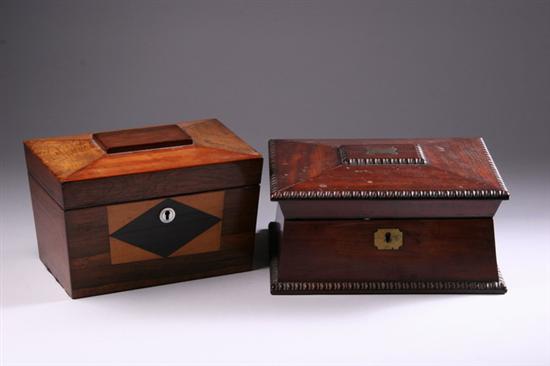 Appraisal: TWO VICTORIAN INLAID SARCOPHAGUS-TOP BOXES th century One burl walnut