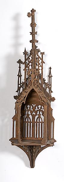 Appraisal: WOODEN GOTHIC WALL SHELF Stained and pierced wooden structure of