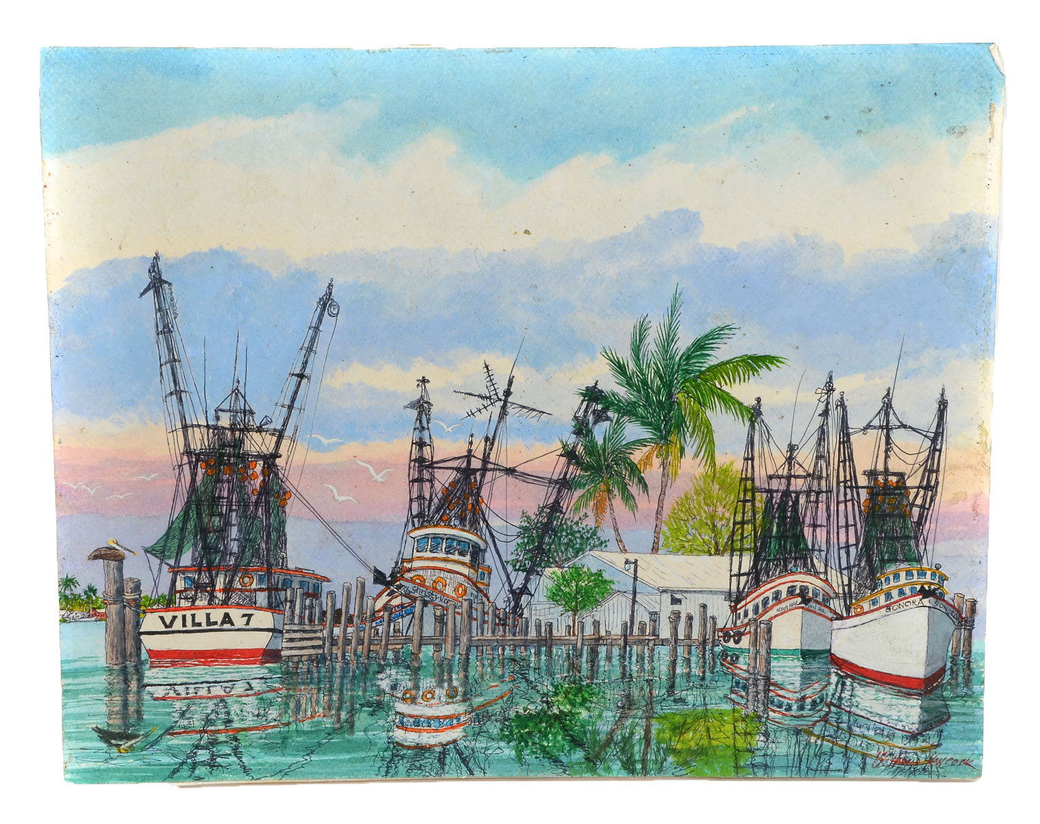 Appraisal: HANCOCK Harold American - Florida Dockside Scene Pen and Ink