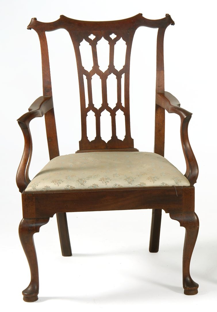 Appraisal: ANTIQUE GEORGIAN ARMCHAIR Late th CenturyWith pierced Gothic-style splat Slip