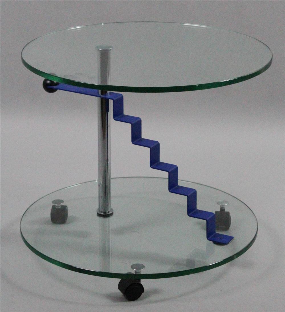 Appraisal: CONTEMPORARY TWO-TIER GLASS SIDE TABLE WITH BLUE METAL ACCENT a