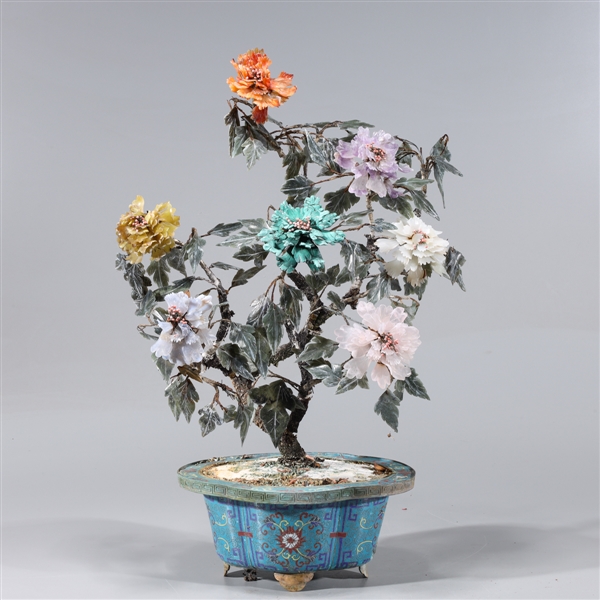 Appraisal: Old Chinese hardstone tree in cloisonne planter tree comprised of