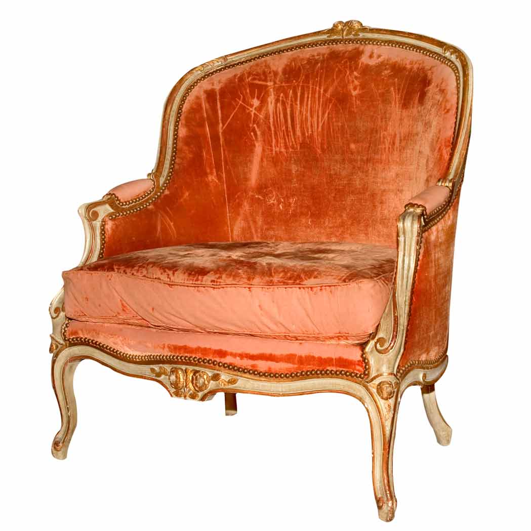 Appraisal: Louis XV Style Painted and Parcel Gilt Bergere The foliate