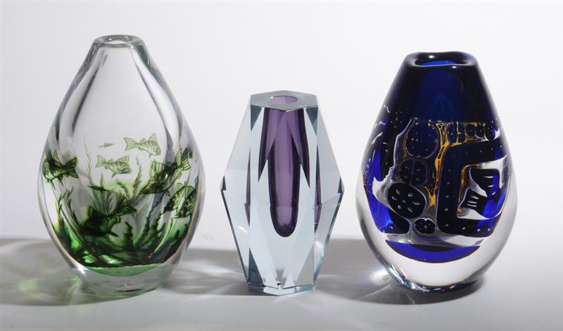 Appraisal: TWO ORREFORS GLASS VASES AND A STAINED STROMBERG FACETED VASE