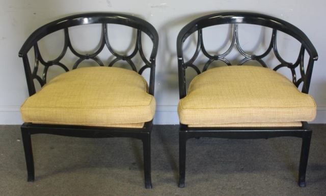 Appraisal: Pair Black Lacquered Baker Asian Modern Chairs Unmarked From a