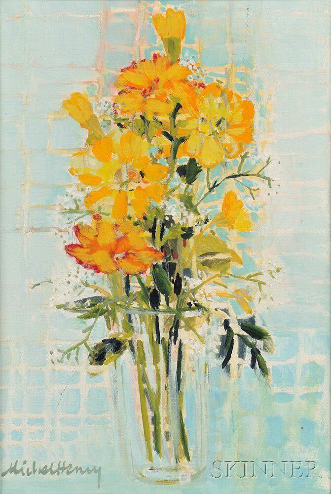 Appraisal: Michel Henry French b Yellow Zinnias Signed Michel Henry l