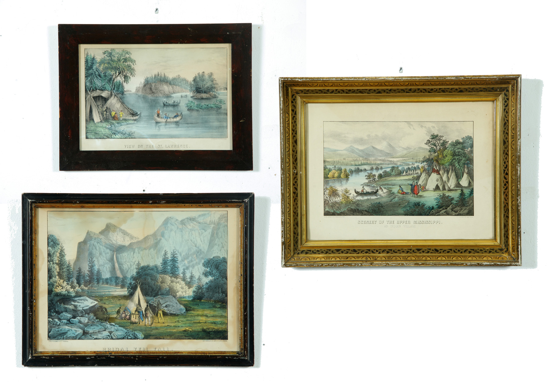 Appraisal: THREE AMERICAN PRINTS Hand colored lithographs Two small folio Currier