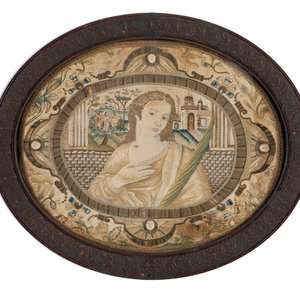 Appraisal: An English Embroidered Portrait Panel Late th Early th Century