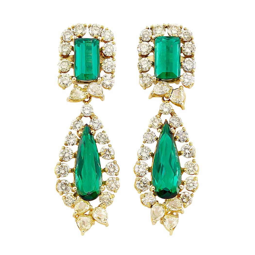 Appraisal: Pair of Gold Tourmaline and Light Yellow Diamond Pendant-Earrings round