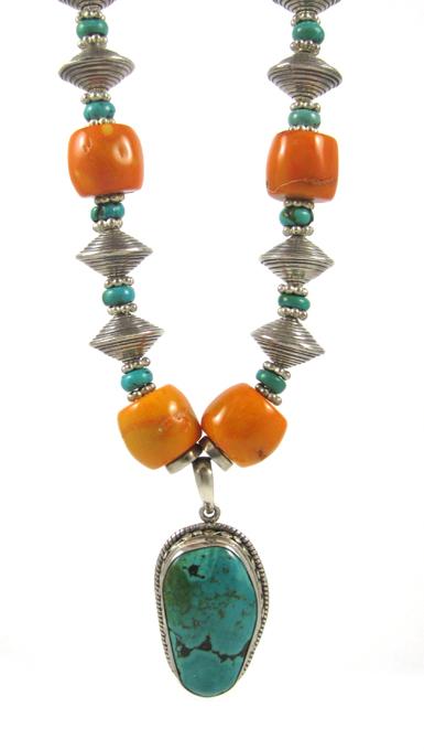 Appraisal: TURQUOISE CORAL AND SILVER NECKLACE measuring to inches in length