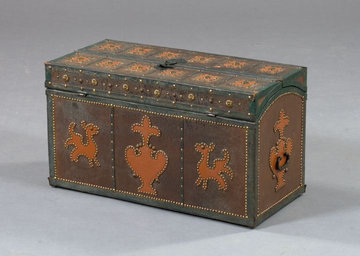 Appraisal: Interesting Leather-Bound and Brass-Mounted Storage Trunk of Spanish influence the