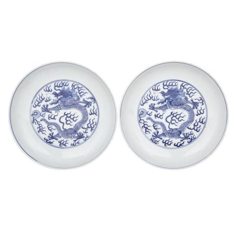 Appraisal: A Pair of Blue and White 'Dragon' Dishes Guangxu Mark