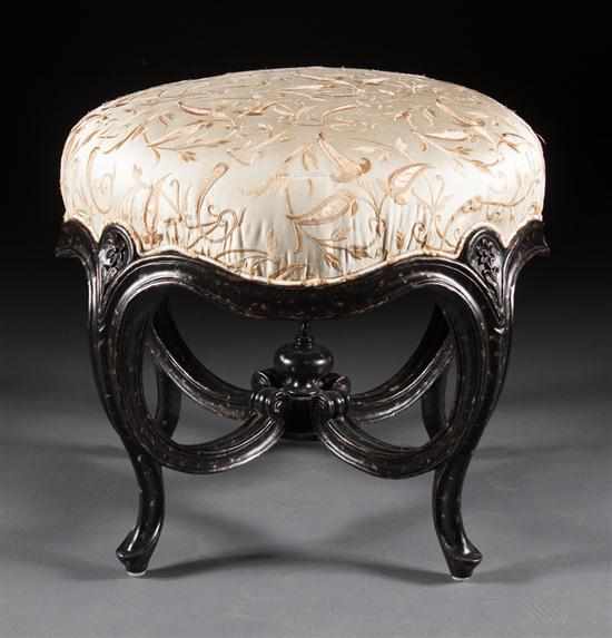 Appraisal: Maitland-Smith Louis XV style ebonized wood upholstered ottoman in H