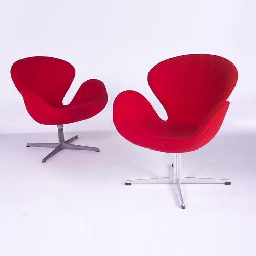 Appraisal: ARNE JACOBSEN FRITZ HANSEN Pair of Swan chairs with red