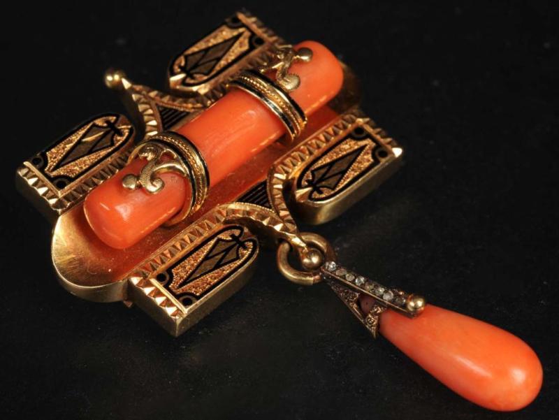 Appraisal: Antique Jewelry K Y Gold Coral Pin Description Weighs pennyweights