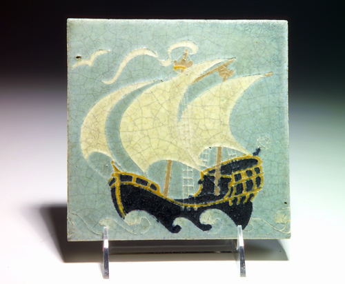 Appraisal: GRUEBY tile decorated in cuenca with a tall ship on