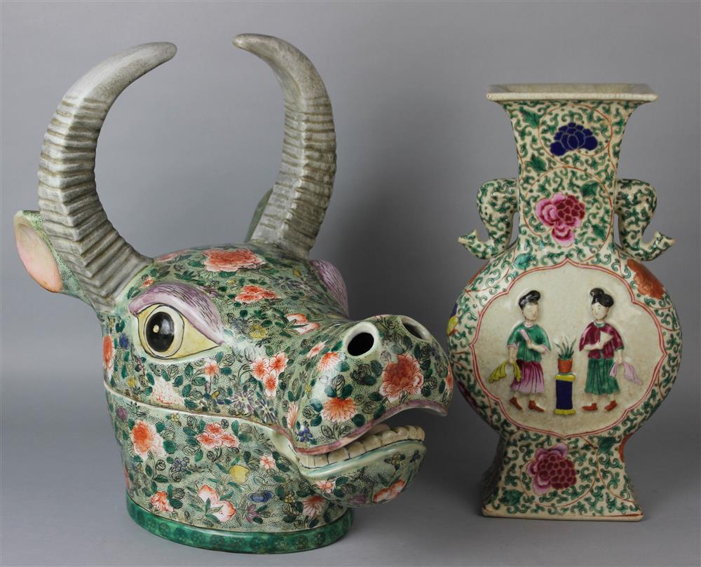 Appraisal: TWO CHINESE FAMILLE VERTE STYLE ITEMS MODERN including a steer's